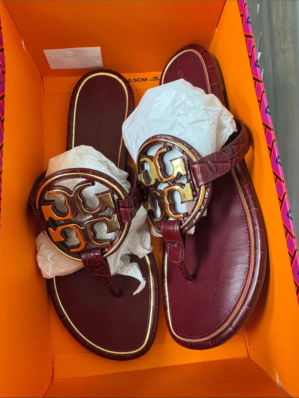 Tory Burch Burgundy Leather Logo Thong Sandals with Gold Medallions